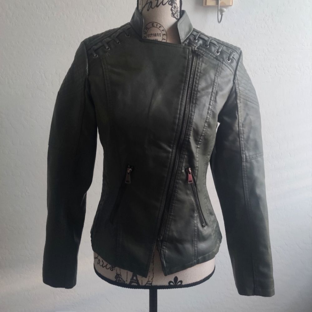 NWOT wLuv Army Olive green vegan leather motorcycle bikercore zipper jacket_Smal